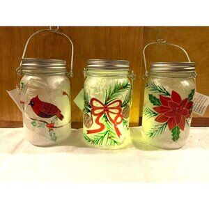 Winter Cardinal Pointsetta Pinecones Hand Painted Glass LED Mason Jar Table Déco